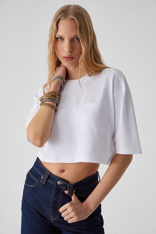 ETHIQUET QEFKOP Kadın %100 Pamuk Bisiklet Yaka Oversize Beyaz T-Shirt