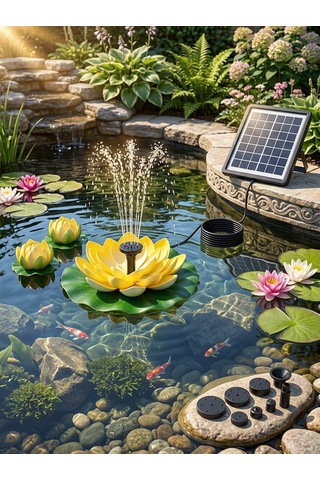 Güneş Enerjili Sarı Lotus Çiçekli Solar Fıskiye - Dekoratif Bahçe Süs Havuzu - Havuz Süsü