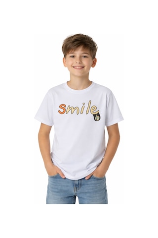 İrem Çocuk Giyim Erkek Çocuk Önü Smile Yazılı Sırtı Emoji Desenli Beyaz Renk Tişört Beyaz