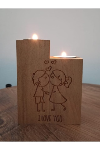 Aşk Motifli Dekoratif Ahşap İkili Mumluk ve Hediye İki Adet Mum