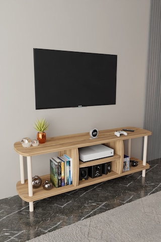Modern Tv Ünitesi Ahşap Raflı 2 Katlı 4 Raflı Televizyon Sehpası Televizyon Ünitesi Atlantik Çam