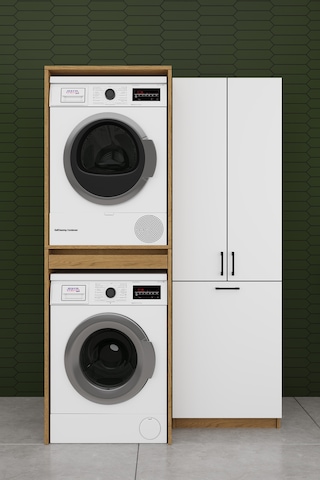 Çamaşır Makinesi Banyo Dolabı Takımı Sepetli %100 Mdf Çekmeceli Çok Amaçlı Kurutma Dolabı Bt01 Beyaz - Karına