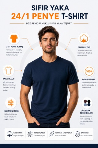 Luxıc Core Erkek Slim Fit Lacivert Bisiklet Yaka Pamuk Penye Günlük Rahat Basic Tişört