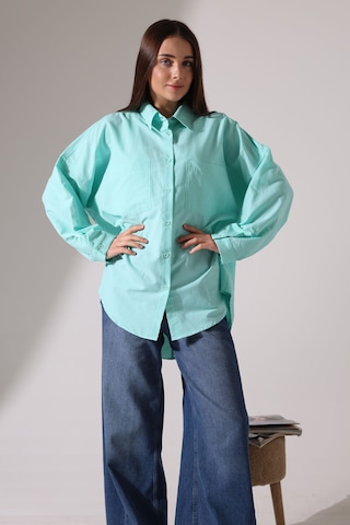 Yeni Sezon Poplin Kumaş Çift Cepli Oversize Pamuklu Kadın Tunik Gömlek Turkuaz