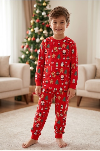 Bmt Bebek %100 Pamuk Kırmızı Yılbaşı Temalı Çocuk Pijama Takımı 3-12 Yaş