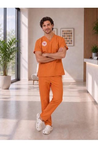 Klinik Destek Forması Scrubs Likralı Takım Sağlık Bakanlığı Uyumlu-orange Ochre
