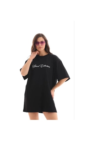 Hazego Baskılı T-shirt Kısa Kol Bisiklet Yaka Regular Rahat Kalıp Günlük Tişört - Siyah