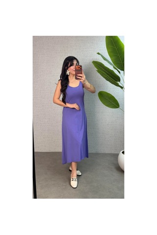 Butik İstanbul Kadın Askılı Yuvarlak Yaka Süprem Kumaş Elbise Lila