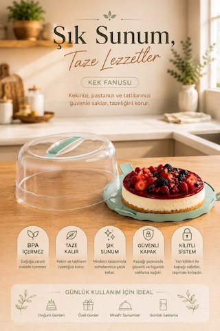 Porsima L-00501-2 Kilitli Kulplu Yuvarlak Kek Ve Pasta Taşıma Fanusu 26 Cm Turkuaz / Su Yeşili