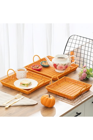 Porsima 709a Kare 3'lü Hasır Tepsi Dekoratif Sunum Servis Tepsisi
