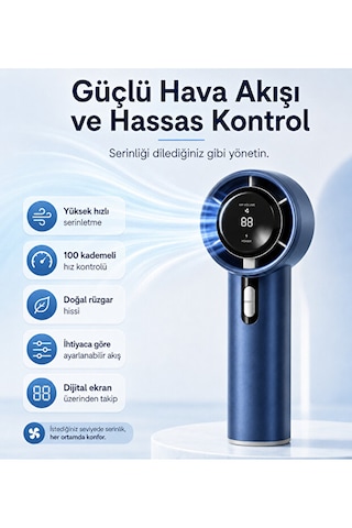 100 Kademeli Dijital Göstergeli Şarjlı El Fanı Mavi Taşınabilir Yüksek Hızlı Mini Lacivert