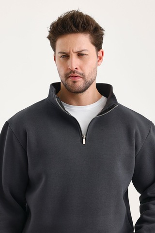 Unisex Sweatshirt Rahat Kesim Pamuklu Içi Polarlı Yarım Fermuarlı Dik Yaka Sweatshirt Füme