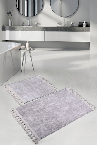 Nova Gri 2'li Köşeli Ponpon Saçaklı Banyo Halısı 60 x 100 + 50 x 60 Gri