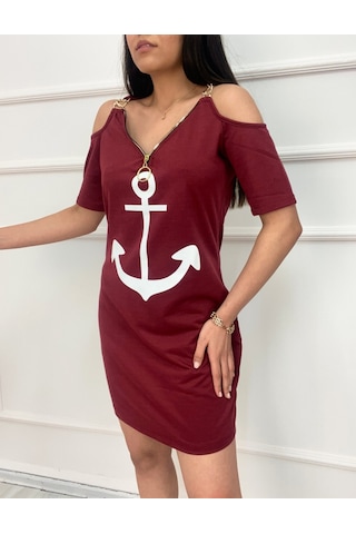 The İstanbul Fermuar Detay Çıpa Baskılı Zincir Askılı Iki Iplik Elbise - Bordo Bordo