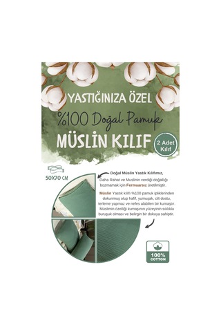 Haki Yeşili 4 Katlı Müslin Yastık Kılıfı 50x70cm 2adet