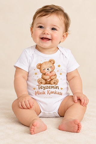 Gıovera Teyzemin Minik Kankası Ayıcık Baskılı Beyaz Kısa Kollu Pamuklu Bebek Zıbın Body