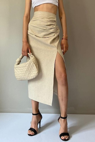 Madmext Bej Basic Midi Boy Büzgülü Keten Etek Mg1540