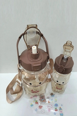2'li Ayıcık Şeffaf Matara1000+400ml Çocuk Su Şişesi Pipetli Sızdırmaz Kapaklı Suluk Seti Kahverengi - Gri