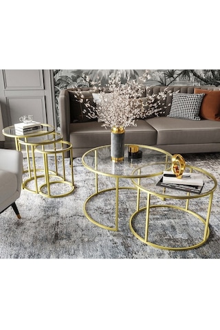 Dekoport Milas Mat Gold Orta Ve Zigon Sehpa Seti - Şeffaf Cam Gold