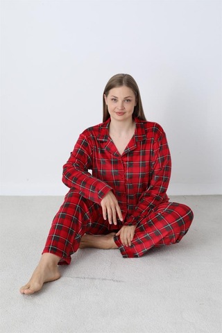 Battal Estiva Kareli Önden Düğmeli Kadife Bayan Pijama Takım Bordo