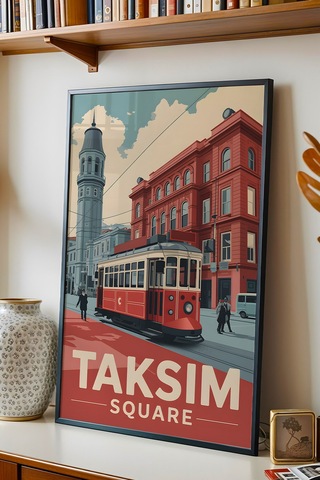 Taksim Meydanı Tablo - Nostaljik İstanbul Posteri - Retro Tramvay Duvar Dekoru - Şehir Tablosu Siyah