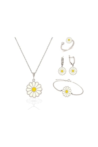 Brezza Lusso Jewelry 925 Ayar Gümüş Papatya Model Kolye Yüzük Küpe Bileklik Kadın Set