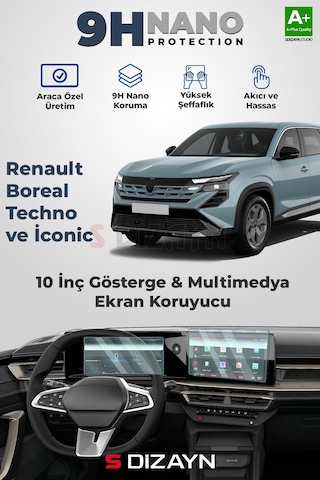 S-dizayn Renault Boreal Techno Ve İconic 9h Nano 10 İnç Gösterge Ve Multimedya Ekran Koruyucu 2'li Set Parlak 2025 Üzeri A+ Kalite
