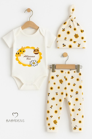 Babyden's Ablasının Balı Yazılı 3 Lü Bebek Takımı Kısa Kollu Çıtçıtlı Body, Arı Desenli Fitilli Pantolon, Bere Unisex Ekru