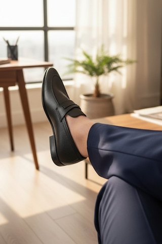 Enoch Hakiki Deri Mikro Dokulu Ve Klasik Bant Detaylı Erkek Comfort Loafer Siyah