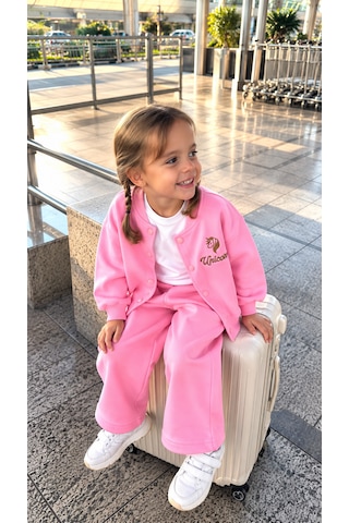 Elzo Collection Kız Çocuk Unicorn Nakış İşlemeli Pembe Kolej Ceket Eşofman Alt Üst Takım