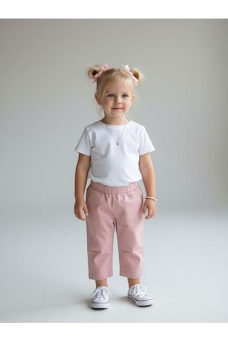 Zekids Kız Bebek Yumuşak Dokulu Beli Lastikli Pantolon-16946 Pembe