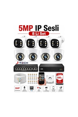 J-tech 5mp Sesli 8 Li D6066 İp Renkli Gece Görüşlü 500gb Akıllı Güvenlik Kamera Seti Yüz Ve Araç T