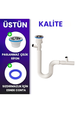 Çift Çamaşır Ve Bulaşık Makinesi İçin Körüklü Lavabo Sifonu Çift