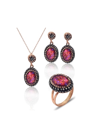 Pembe Paraiba Ve Swarovski Taşlı 925 Ayar Gümüş Kadın Üçlü Set 201025579