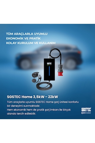 SGSTEC Home 22 kW 5Metre Kablolu Taşınabilir Elektrikli Araç Şarj Cihazı