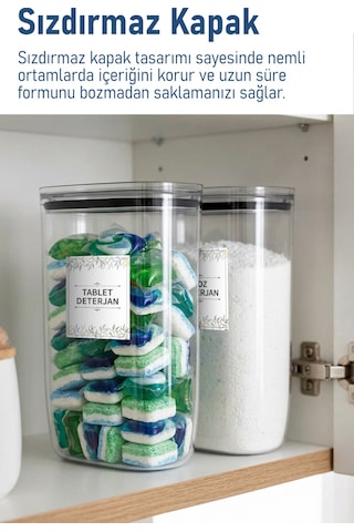 İronika Etiket Hediyeli Sızdırmaz Kapaklı Tablet Toz Deterjan Saklama Kabı 2100 Ml 2 Adet Şeffaf
