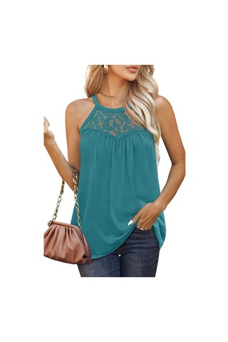 Tavuskuşu Mavisi Yaz Kadın Üstleri Dantel Pilili Kolsuz Yelek Tişört Bisiklet Yaka Rahat Rahat