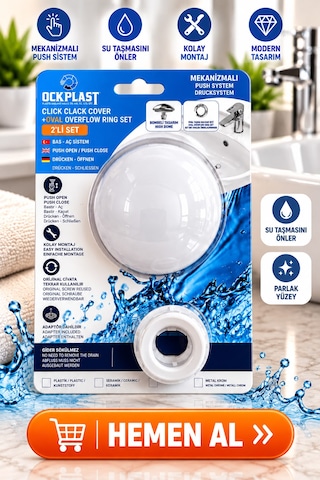 Lavabo Gider Süzgeci Bas Aç Pop-up Sistem Taşma Yüzüklü Dayanıklı Tasarım Beyaz