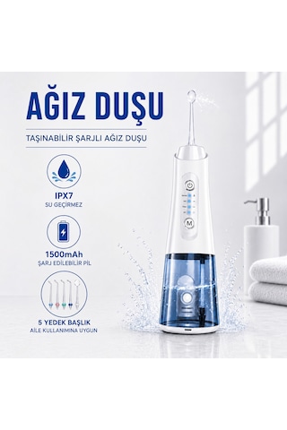 Ağız Duşu Şarjlı 320 Ml Su Hazneli 4 Modlu Su Geçirmez Taşınabilir Oral Irrigator 5 Başlıklı Derin Temizlik Type-c