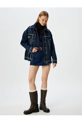 Koton Taşlı Cep Detaylı Klasik Yaka Düğmeli Oversize Kot Ceket Koyu İndigo 5wal50052md Dark Indigo İndigo