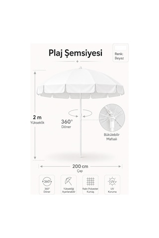 Beyaz Plaj Şemsiyesi 200 Cm, 10 Telli Beyaz