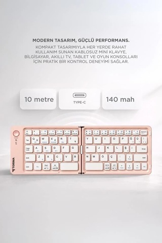 Telefon Cihaz Ekipman Kablosuz Klavye Bluetooth Katlanabilir Şarjlı Mini Klavye Tk08 Pembe