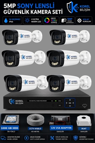 Korel Bilişim 6 Kameralı 5mp Sony Lensli Gece Renkli Güvenlik Kamerası Seti 1000 Gb Hdd