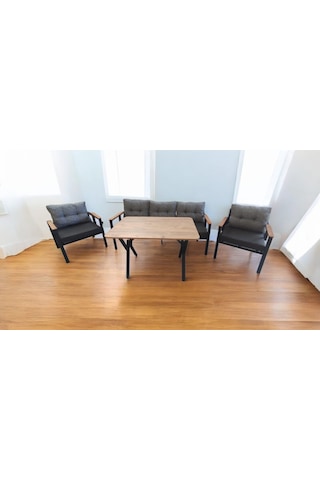 Pi Elize Bahçe Balkon Mobilyası Antrasit Gri 3+1+1 Perla Çam Masa Antrasit - Gri