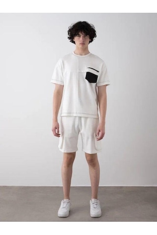 Erkek Teenage Fermuarlı Oversize Şortlu Takım-15543 Beyaz