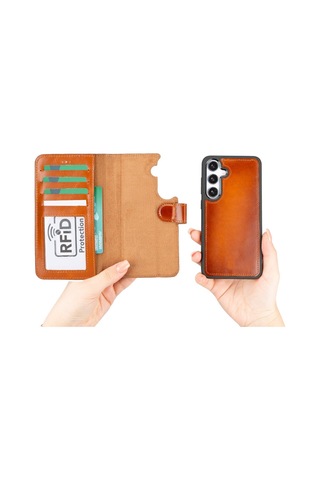 Samsung Galaxy S25 Uyumlu, Hakiki Deri, El Yapımı, Cüzdanlı Kılıf, Gölgeli Taba