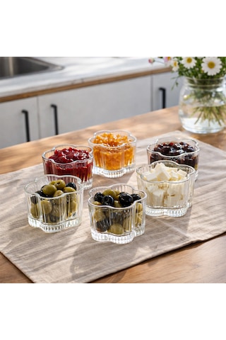 Porsima Ryg7061 Flower 6lı Cam Kase Puding Magnolya Tatlı Ve Dondurma Kasesi Kahvaltılık Kase Seti Çerez Kasesi 6x7,5cm Şeffaf