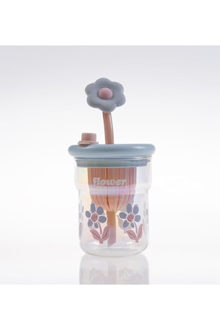 Çiçek Desenli Cam İçecek Bardağı, Çiçek Temalı Pipetli Bardak, Kapaklı,eglenceli Ve Dekoratif Tasarım, Mor,pembe,mavi,ve Yeşil Renk Seçenekleri Mavi Açık Kırmızı