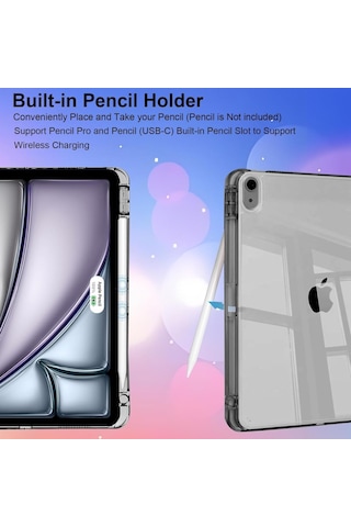 Apple Uyumlu iPad Air 11inç M2/m3 Air 4/5.nesil 10.9 Kılıf Mika Trifolding Şeffaf Kalem Bölmeli Kılıf