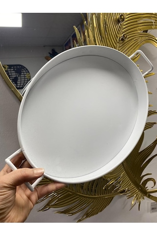 Metal Oval Tepsi, Beyaz, 36 Cm, Kulplu, Dekoratif Servis Tepsisi Çok Renkli